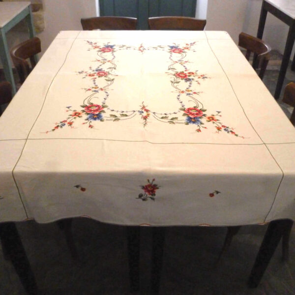 ecru tablecloth with cross stitch embroidery