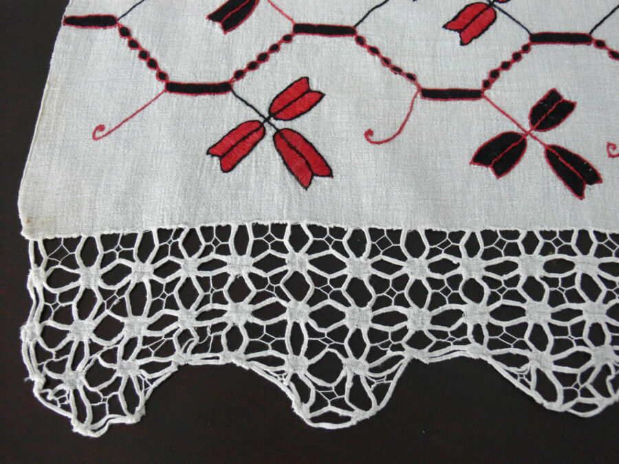 vintage handwoven table runner with embroidery and lace